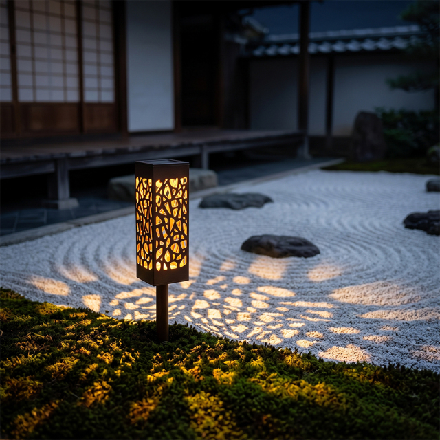 A solar pathway light illuminating a white gravel zen garden with decorative pattern light at night.