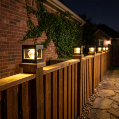 A row of square solar post cap lights glowing warmly on top of a dark wooden fence at night.