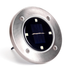 Product view of a stainless steel solar ground disk light with 4 LEDs and integrated solar panel.