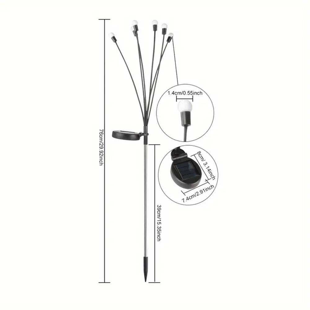 Product dimension diagram of the swaying solar firefly light showing solar panel and ground stake structure.