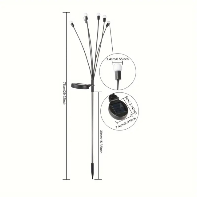 Product dimension diagram of the swaying solar firefly light showing solar panel and ground stake structure.