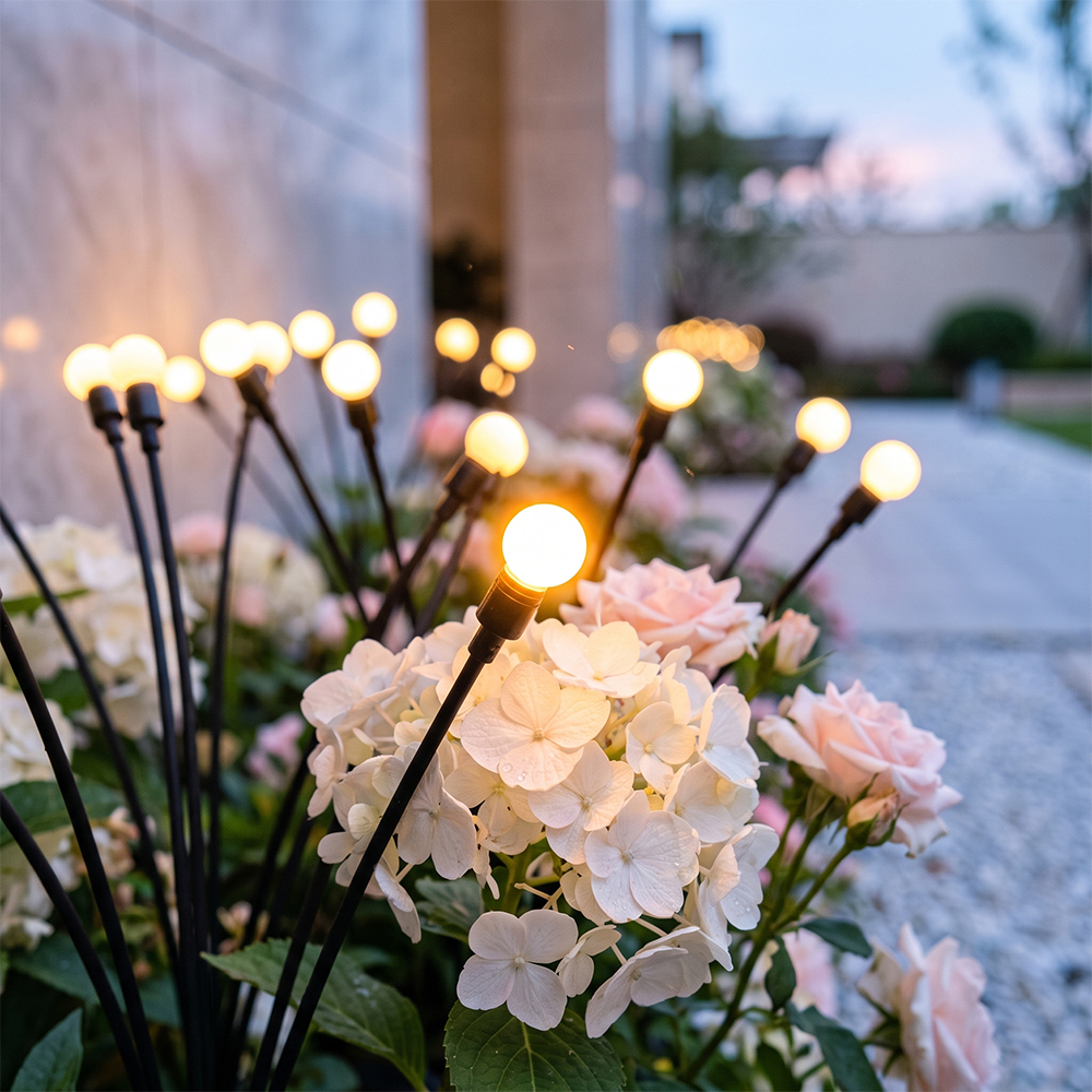 Close-up of glowing LED globes of a solar firefly light nestled inside pink hydrangea blossoms.