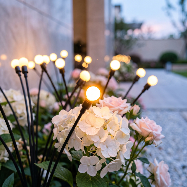 Close-up of glowing LED globes of a solar firefly light nestled inside pink hydrangea blossoms.