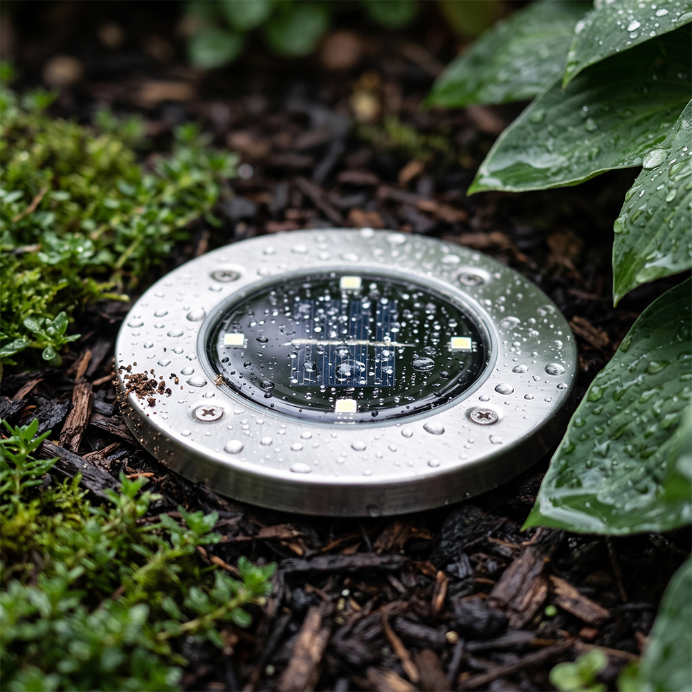 Close-up of a waterproof stainless steel solar ground disk light with water droplets on damp garden soil.