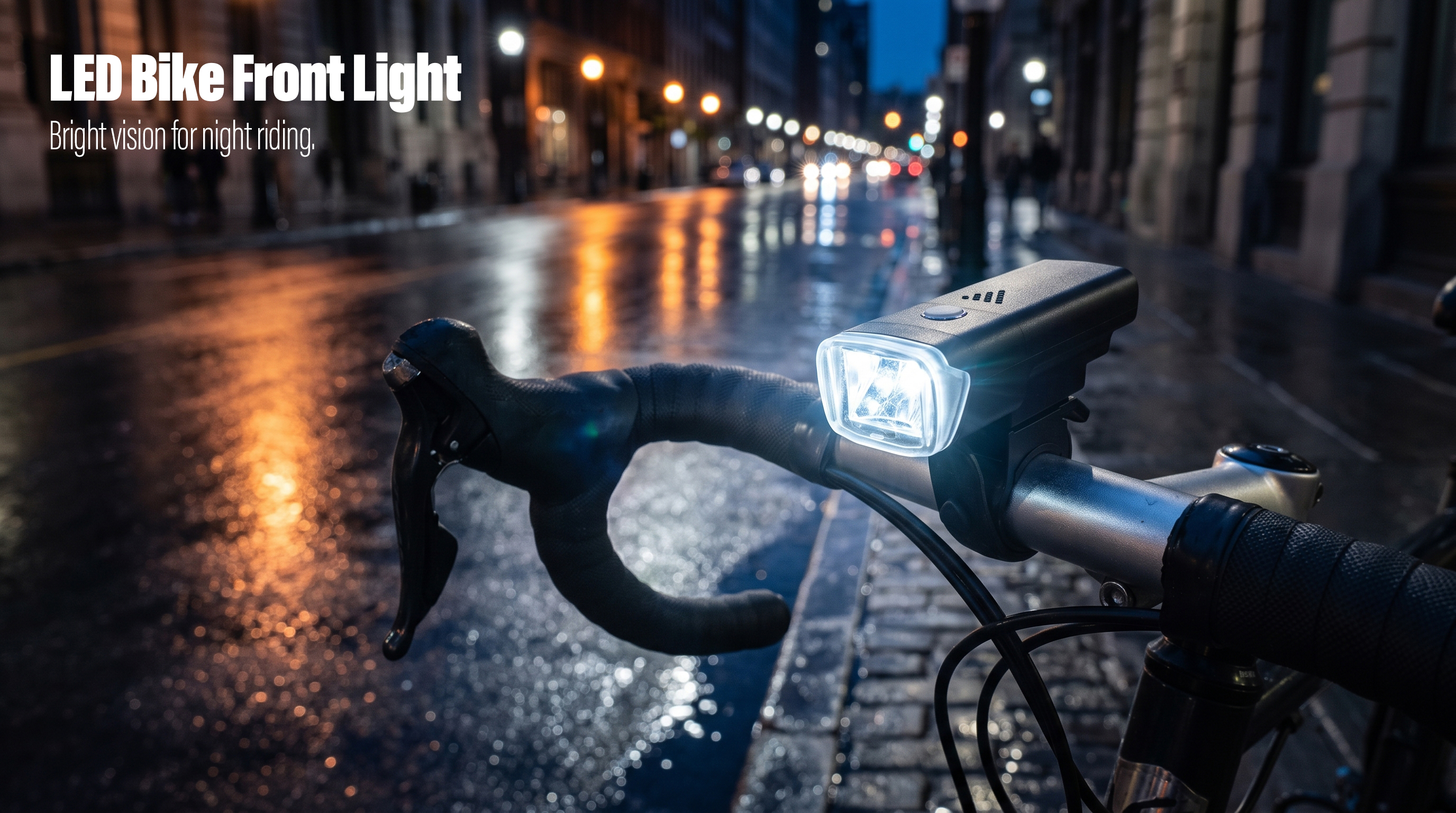 An LED bike front light mounted on a road bicycle handlebar illuminating a wet city street at night.