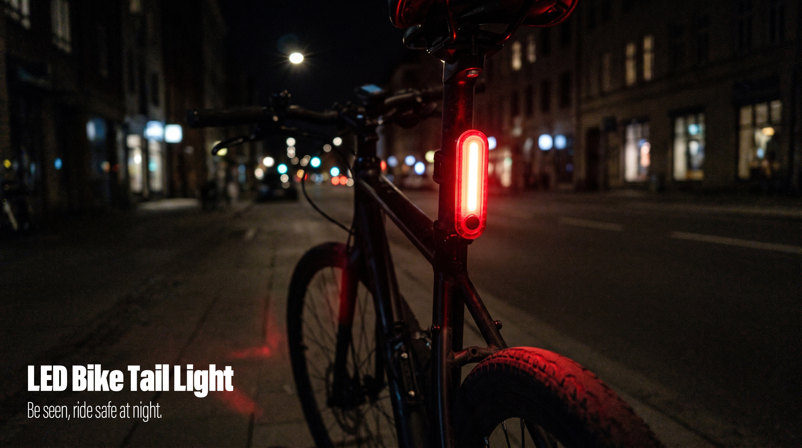 A red COB LED bike tail light mounted on a bicycle seatpost glowing on a city street at night.