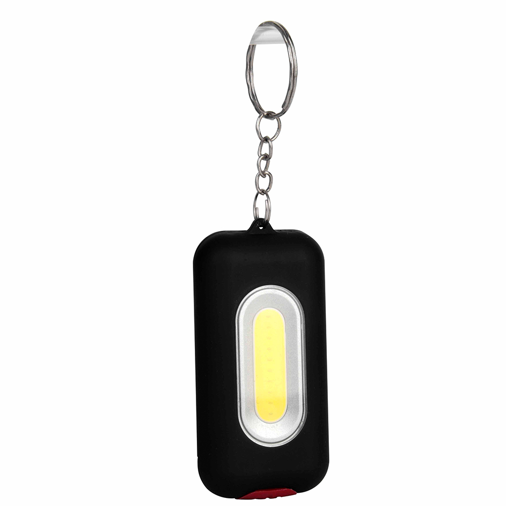 Front view of a black rectangular COB LED keychain light with a stainless steel keyring.