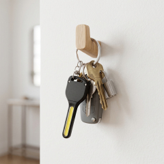 A black key-shaped COB LED keychain light hanging with house keys on a wooden wall hook.