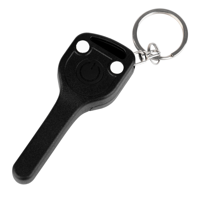 Back view of a key-shaped COB LED keychain light featuring integrated magnets and a power button.
