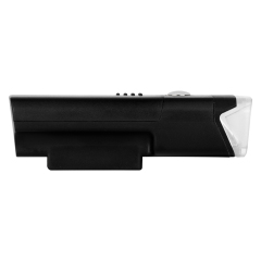 Side profile view of a compact black LED bike front light.