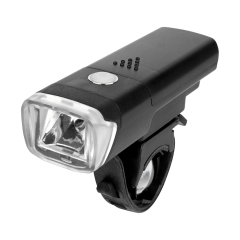 Angled view of a black LED bike front light with an adjustable silicone mounting strap.