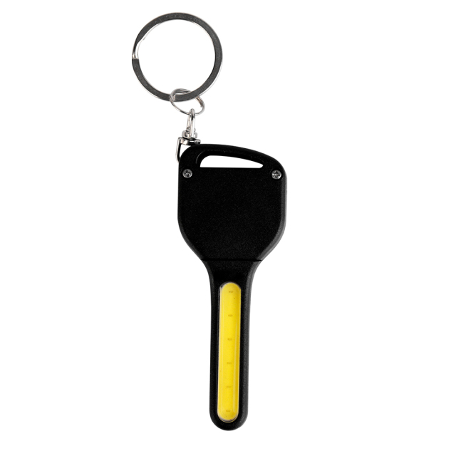 Front view of a black key-shaped COB LED keychain light with a stainless steel keyring.