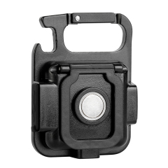 Back view of a rechargeable COB keychain light showing the strong magnetic base and folding bracket.