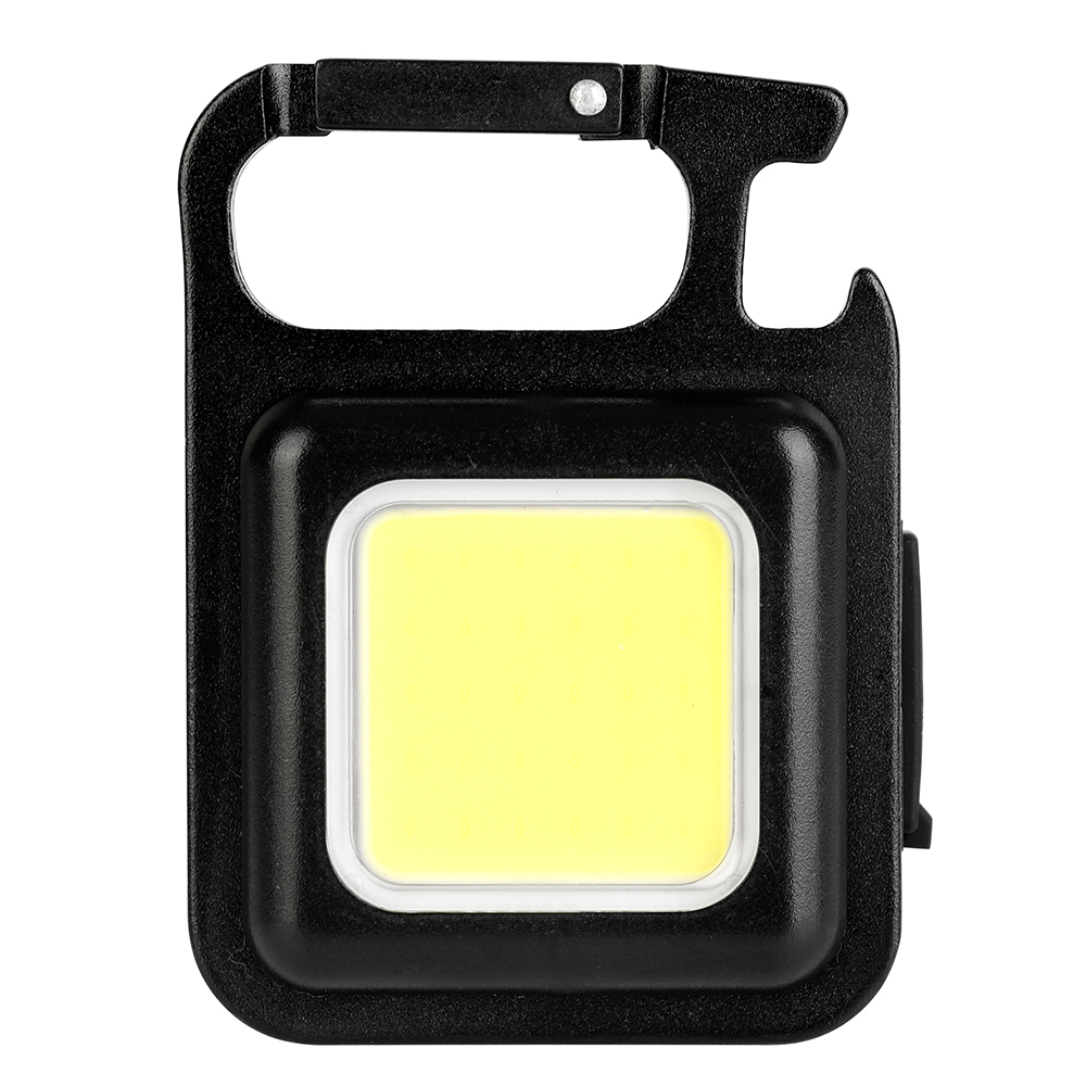 Front view of a square rechargeable COB keychain light with a built-in carabiner and bottle opener.