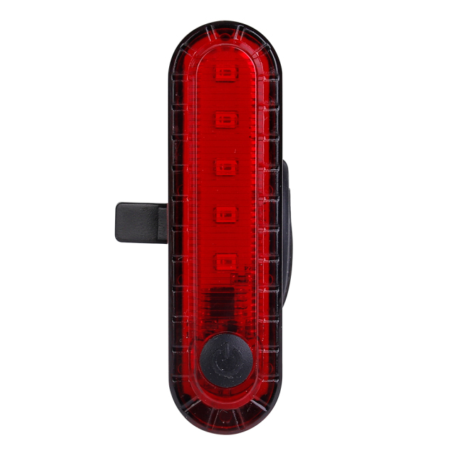 Front view of a strip-shaped red rechargeable LED bike rear light.