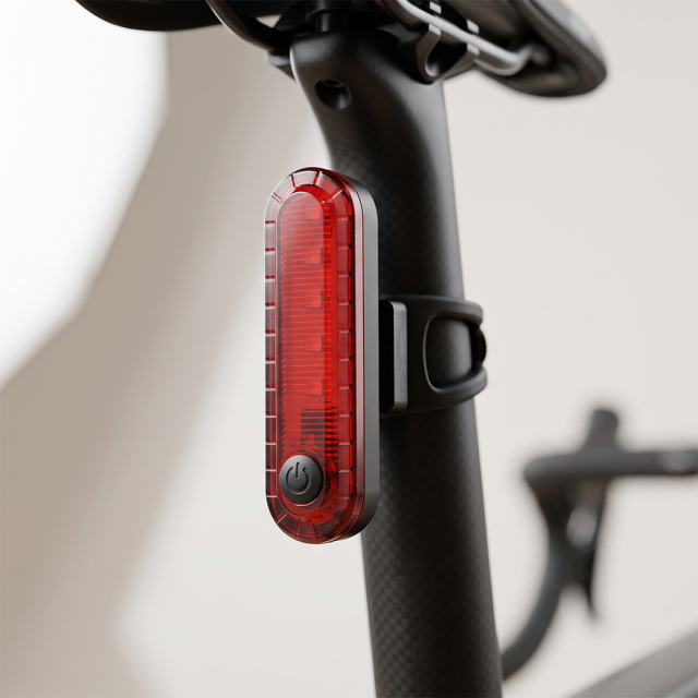 A red rechargeable LED bike rear light mounted on a bicycle seatpost.