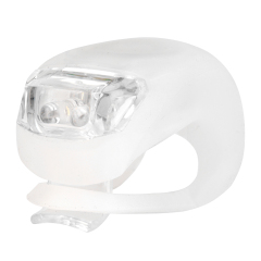 Front perspective view of a clear translucent silicone 2 LED bike light.