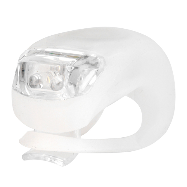 Front perspective view of a clear translucent silicone 2 LED bike light.