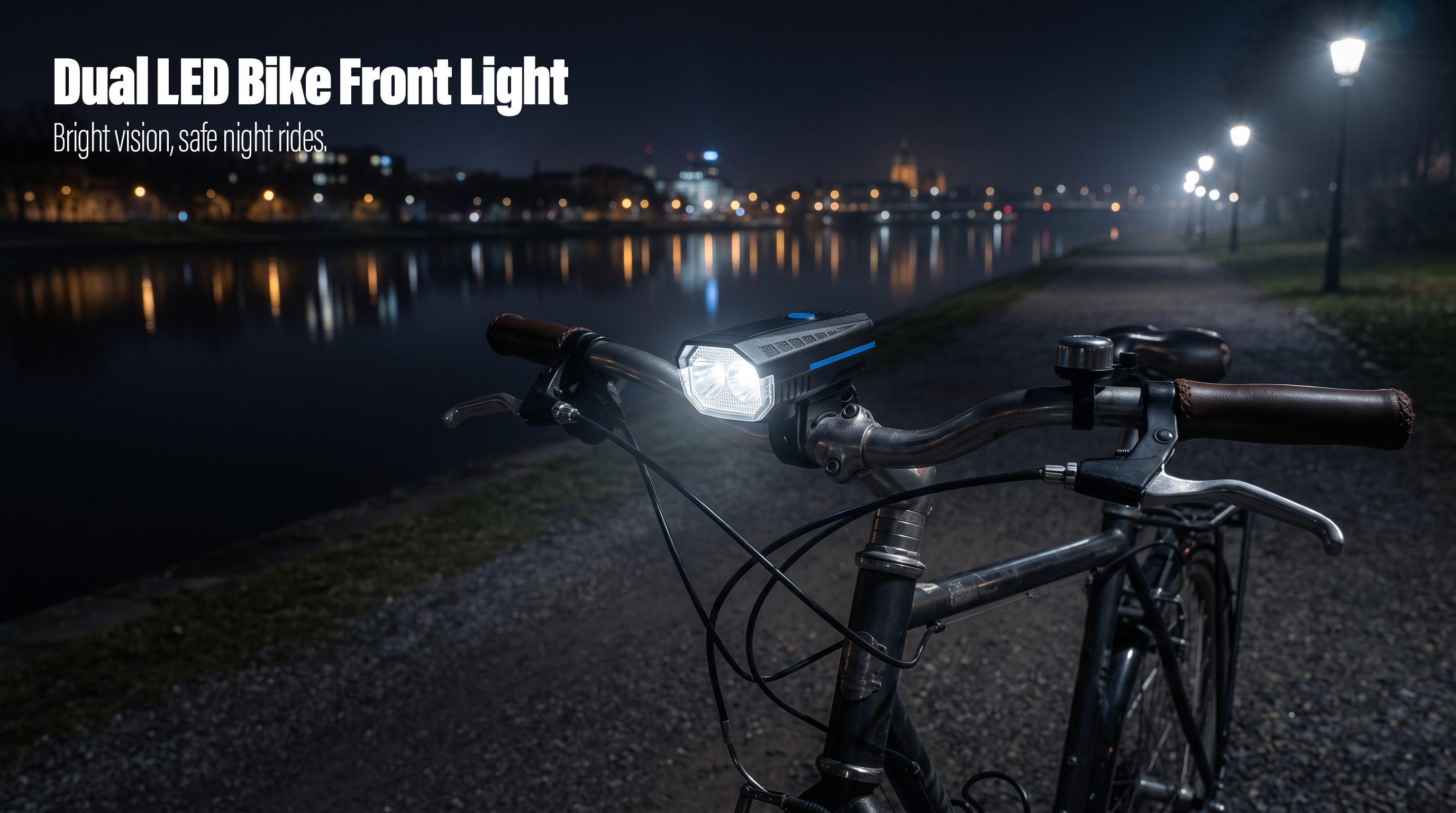 A bright dual-LED rechargeable bike front light mounted on bicycle handlebars illuminating a dark path at night.