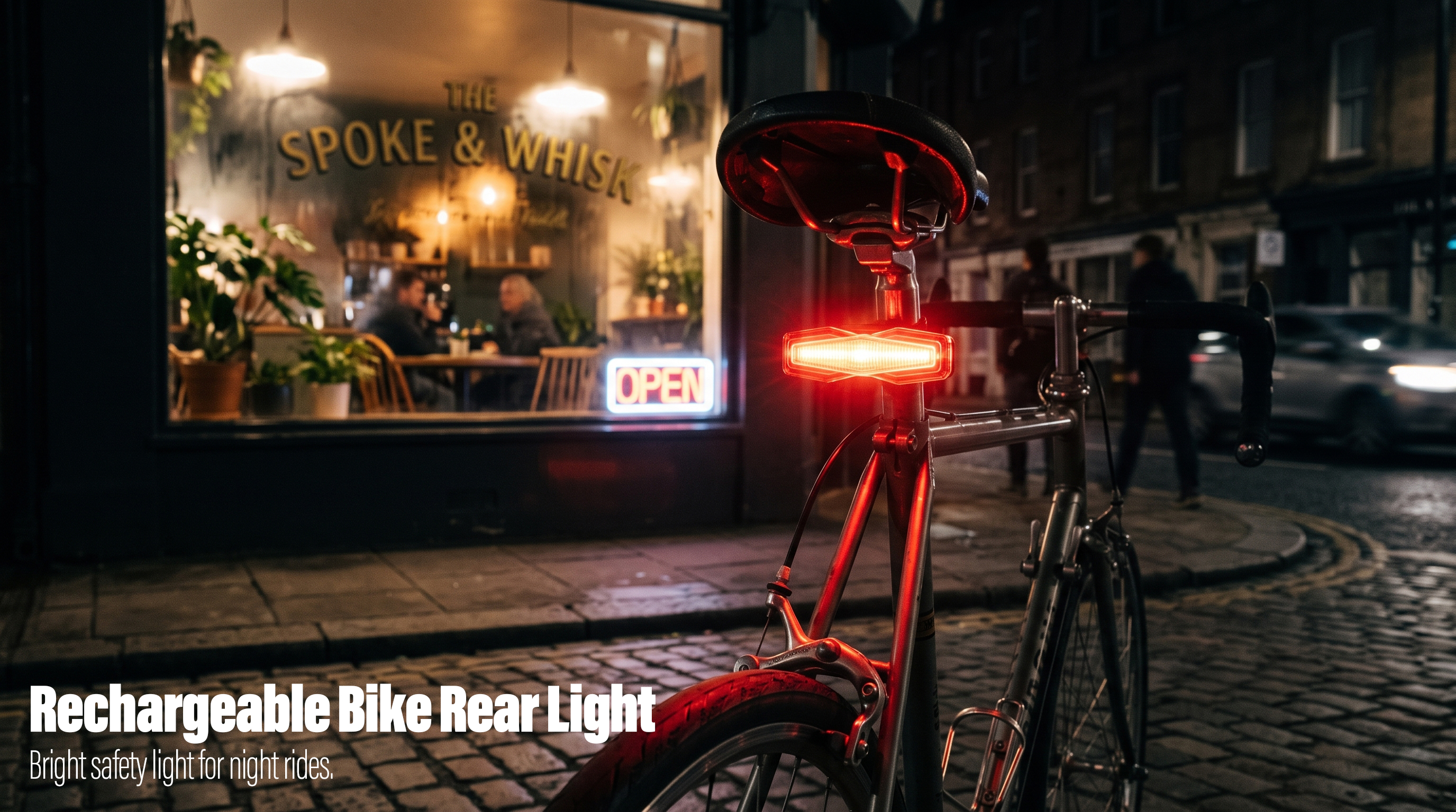 A bright red geometric rechargeable LED bike rear light mounted on a seatpost outside a lit city cafe at night.