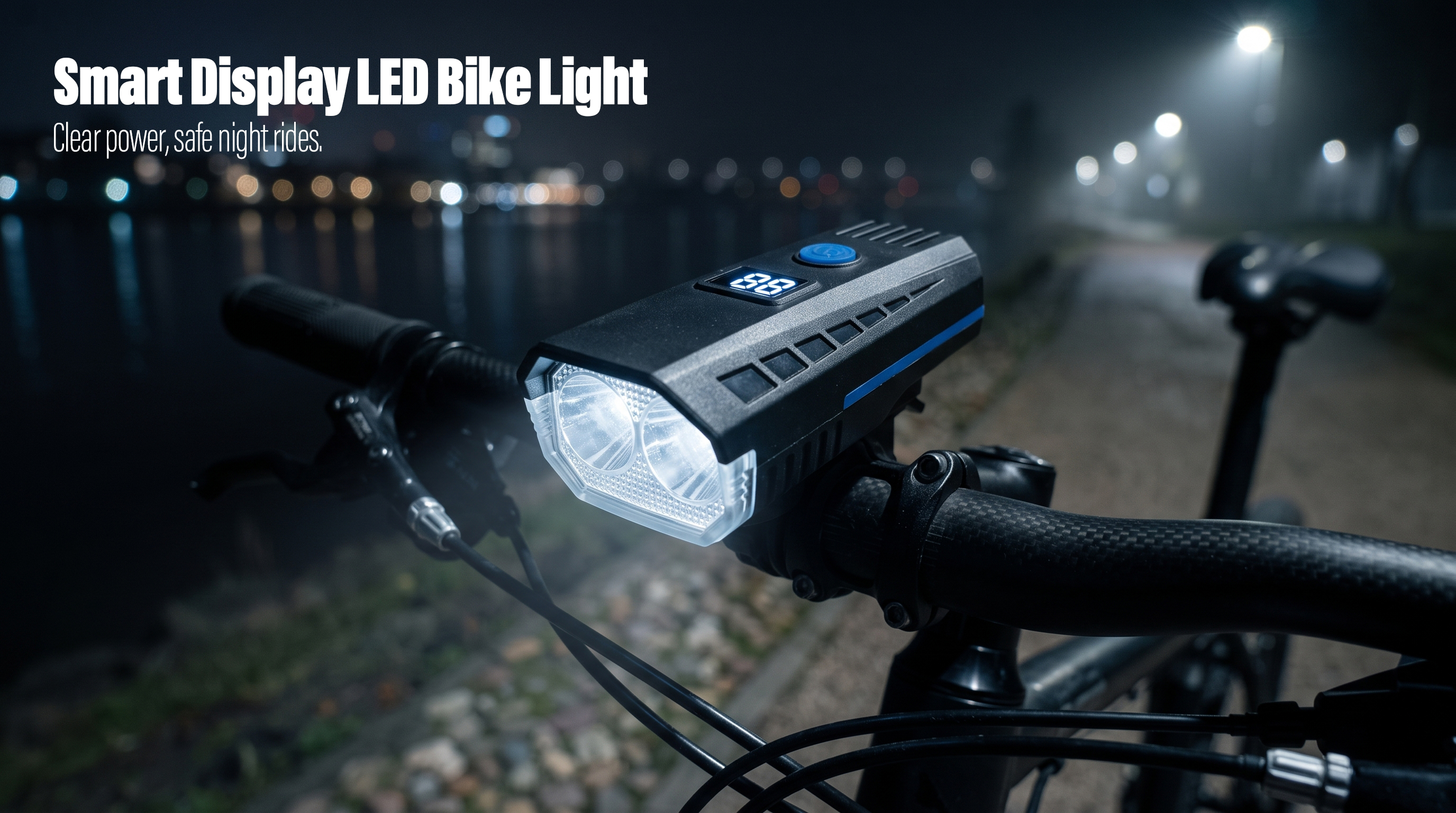 A rechargeable dual-LED bike front light with a digital power display mounted on bicycle handlebars during a night ride.