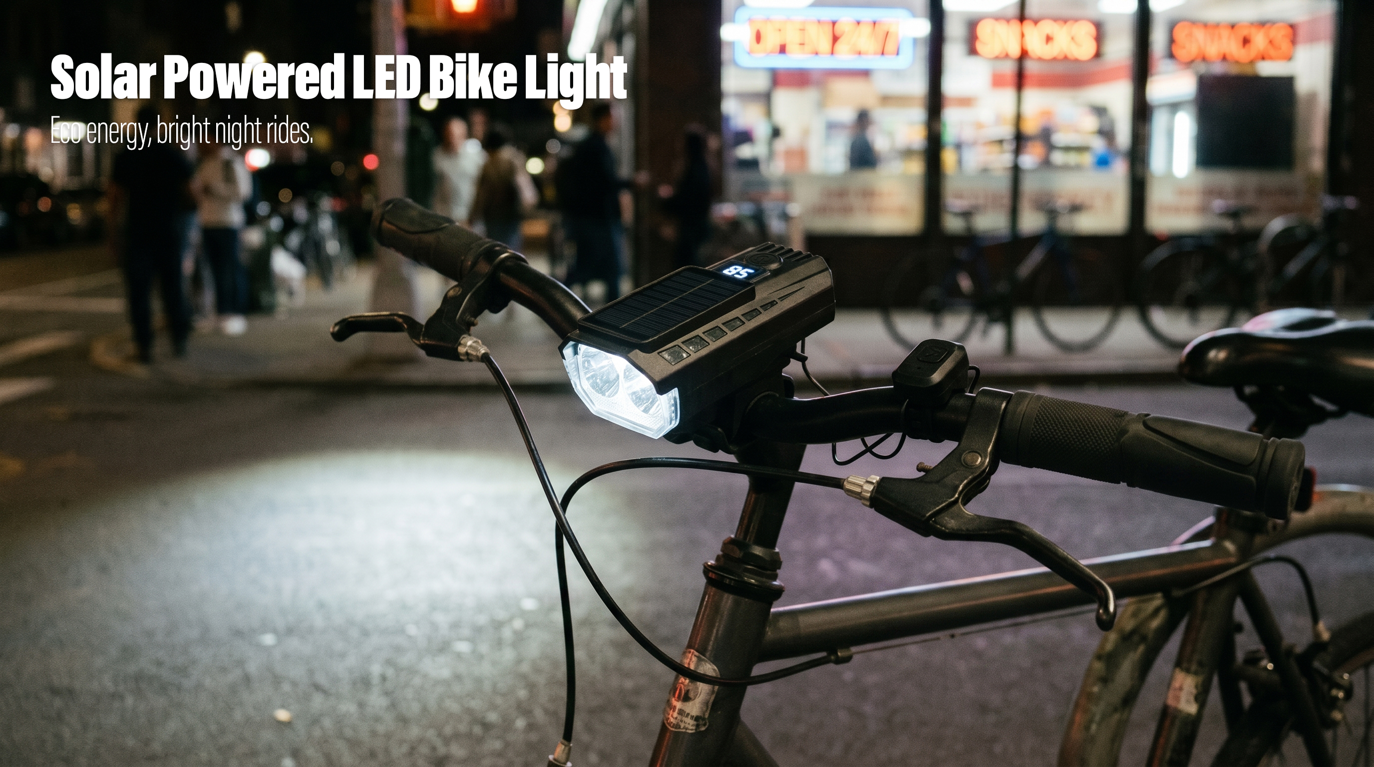 A solar-powered rechargeable LED bike front light with a digital display mounted on bicycle handlebars on a city street at night.