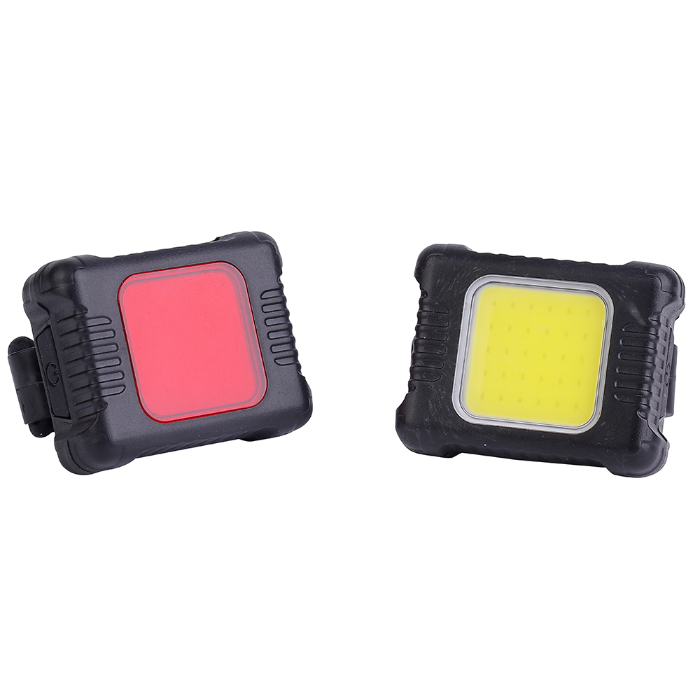 Pair of compact square COB LED bicycle lights showing red tail light and white front light variants.