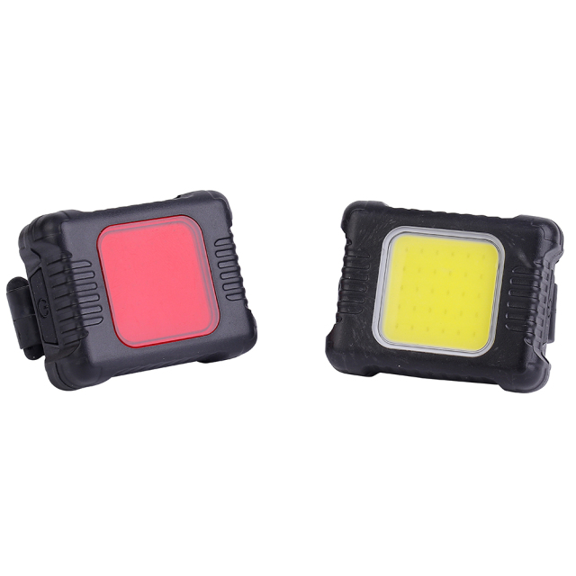 Pair of compact square COB LED bicycle lights showing red tail light and white front light variants.