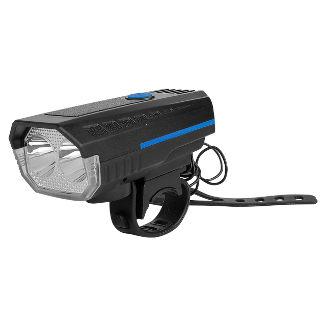 Angled front view of a multi-function LED bike light with horn for cycling.