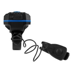 Back view of the bike front light showing the quick-release mount and horn wire connection.