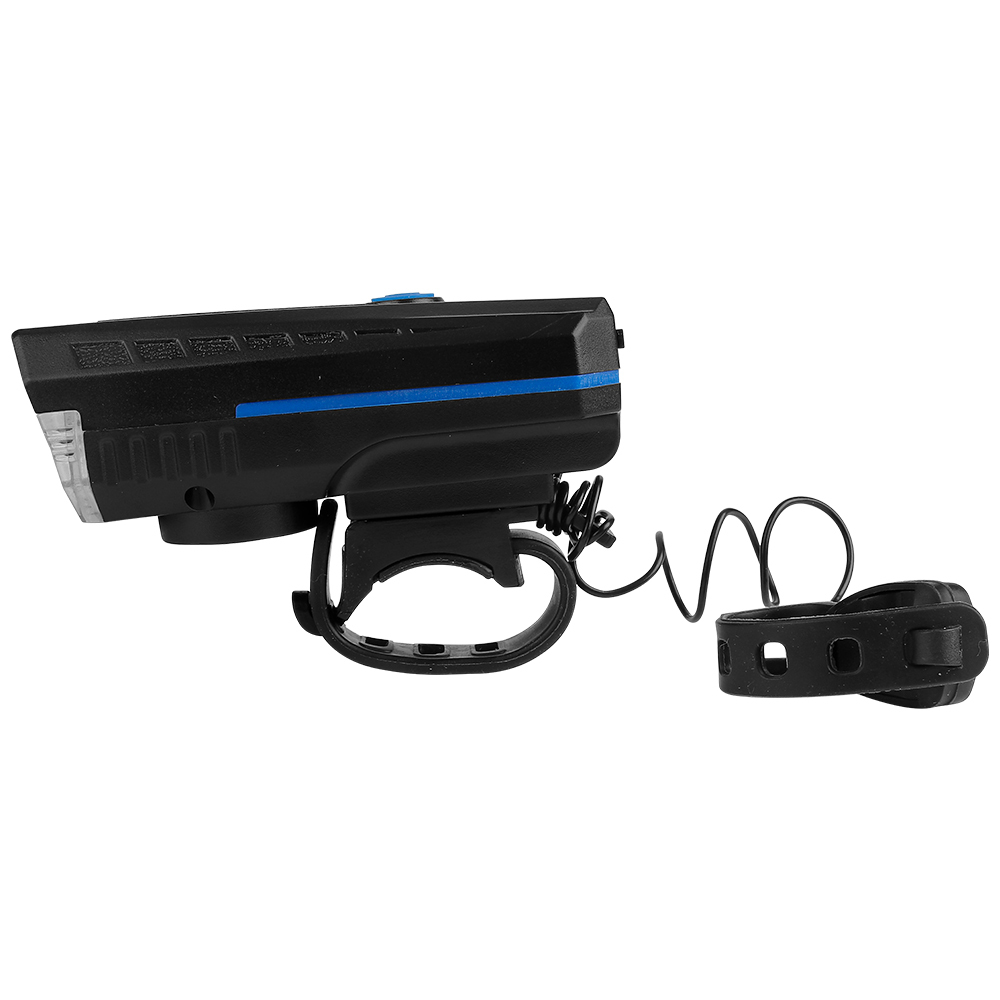 Left side view of a bike light with integrated electronic horn and control wire.