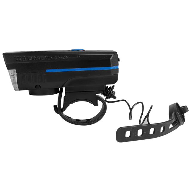 Right side view of a rechargeable bicycle light with its elastic silicone mounting strap.