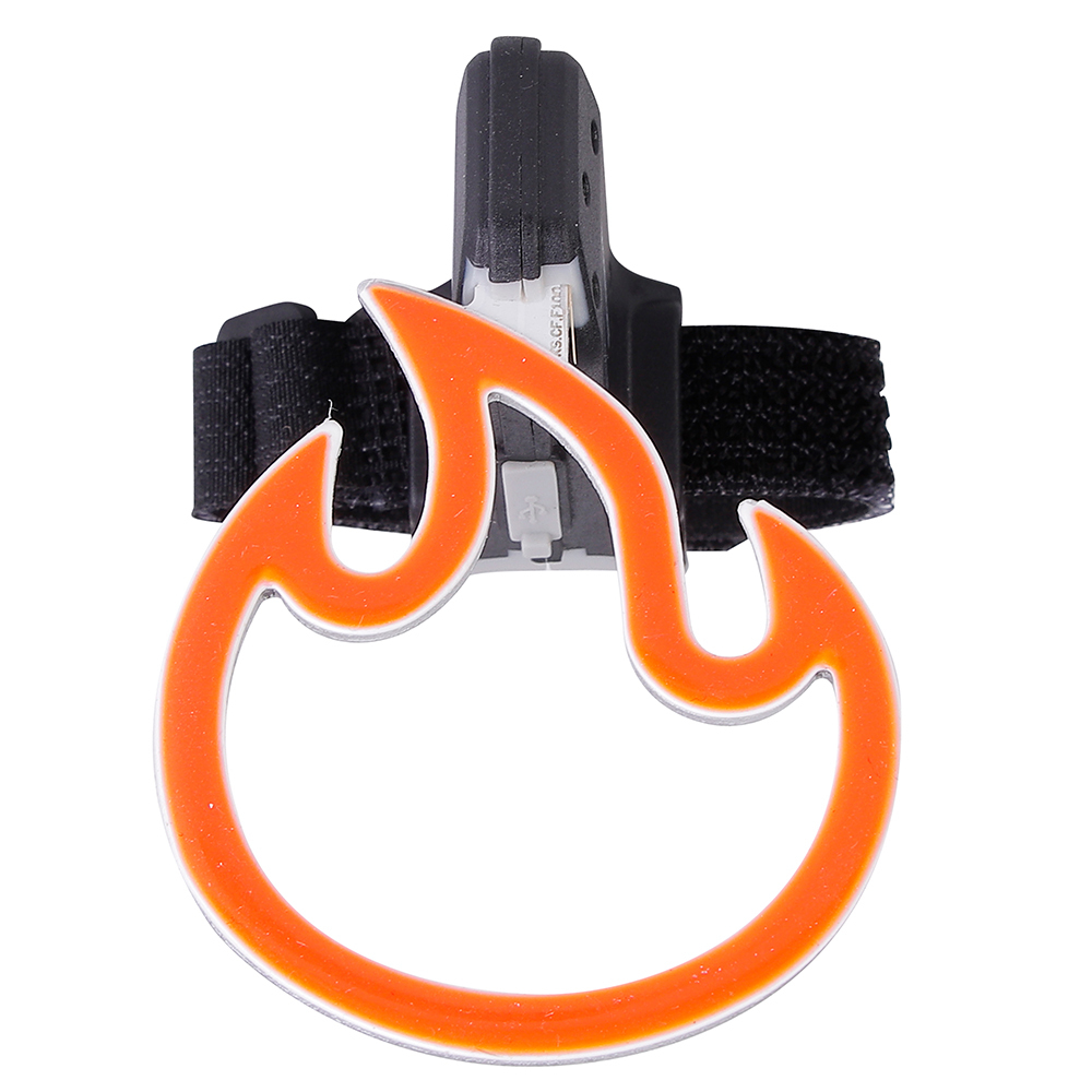 Front view of an orange flame-shaped rechargeable LED bike rear light.