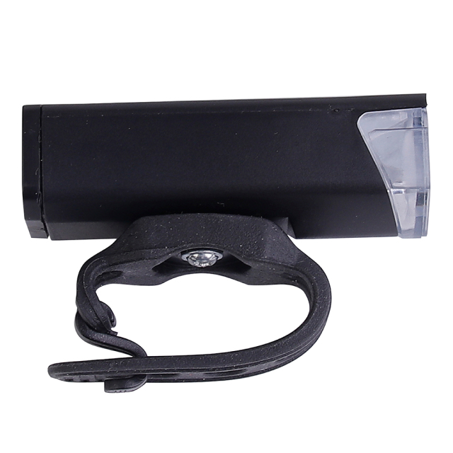 Side view of the compact LED bike front light highlighting the silicone strap attachment.