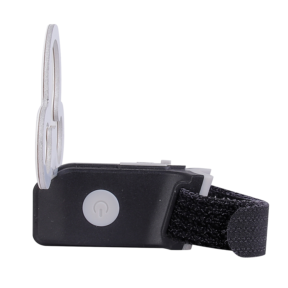 Side view of the bike light mounting bracket showing the power button and strap.