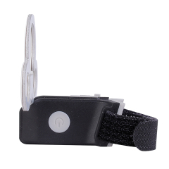 Side view of the bike light mounting bracket showing the power button and strap.
