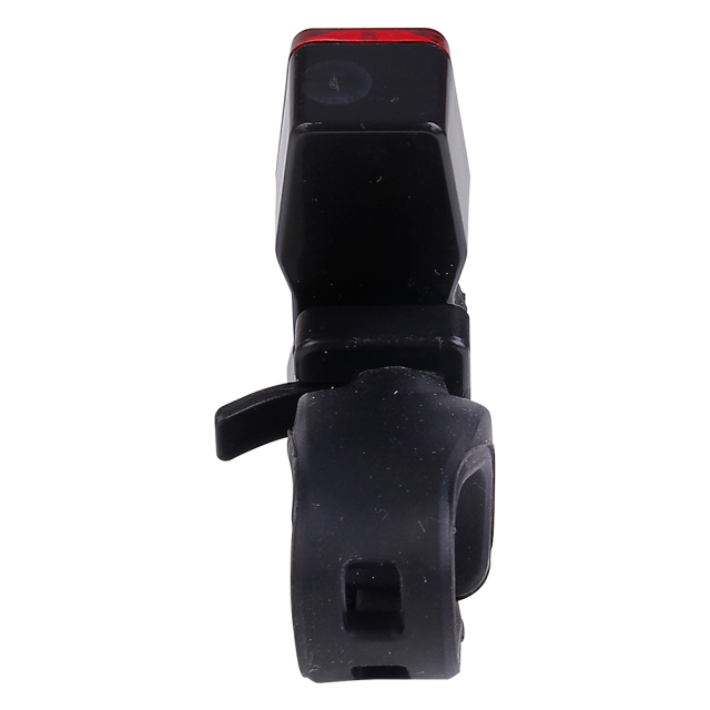 Back view of an LED bike tail light showing its adjustable mounting bracket.