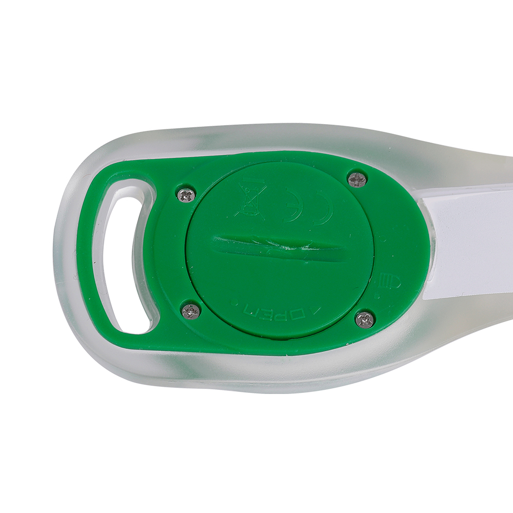 Back view of an LED safety armband light showing the battery compartment cover.