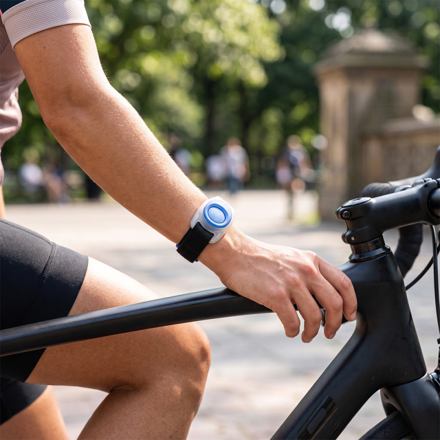 A cyclist wearing a blue LED safety armband light on the arm resting on bicycle handlebars.
