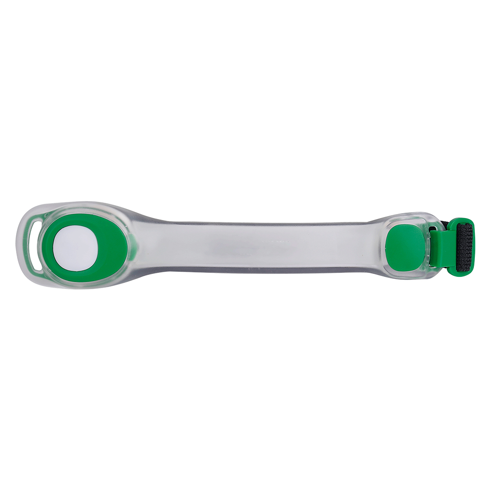 Flat view of an LED silicone safety light showing the flexible body and strap.