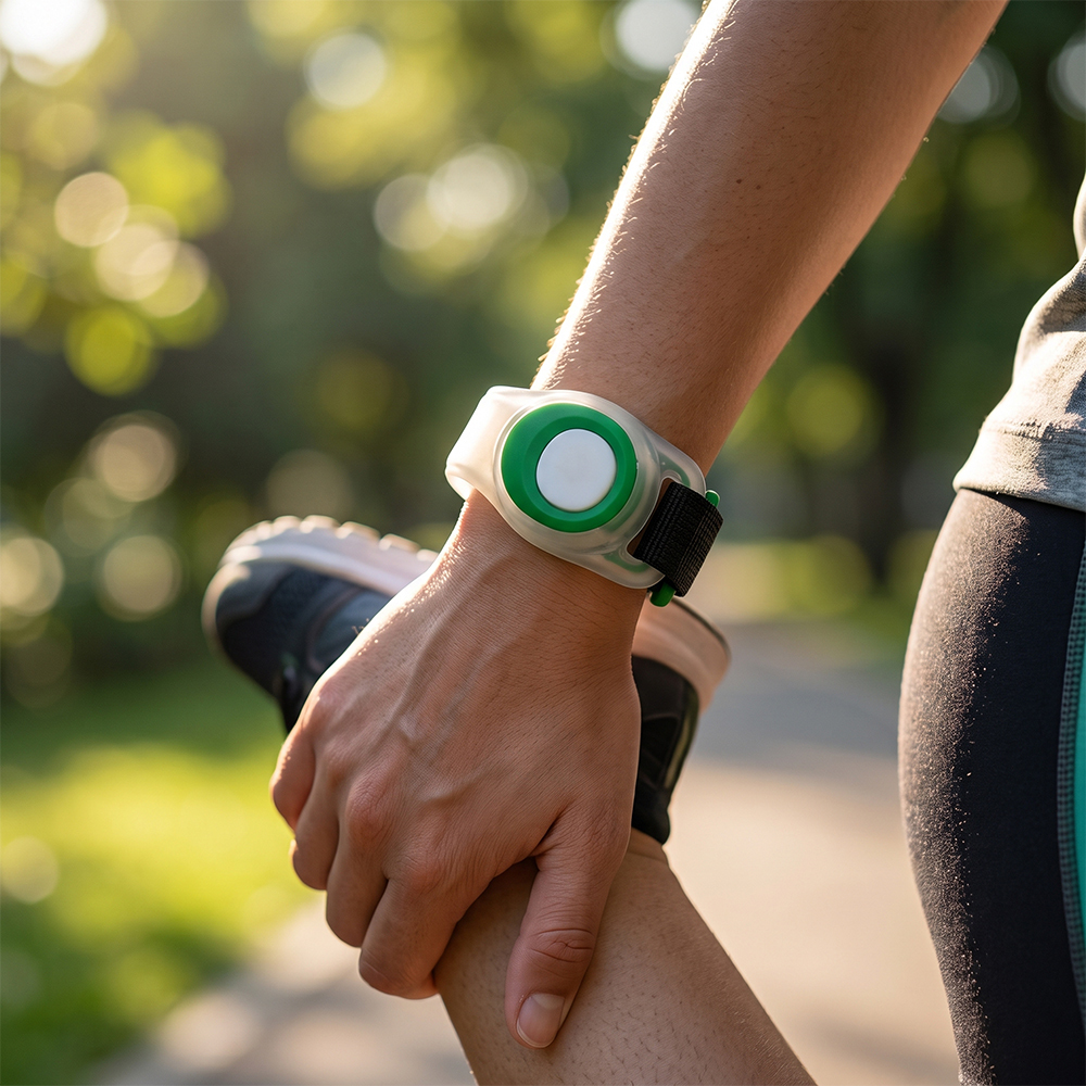 A runner wearing a green LED safety armband light on the wrist during outdoor stretching.