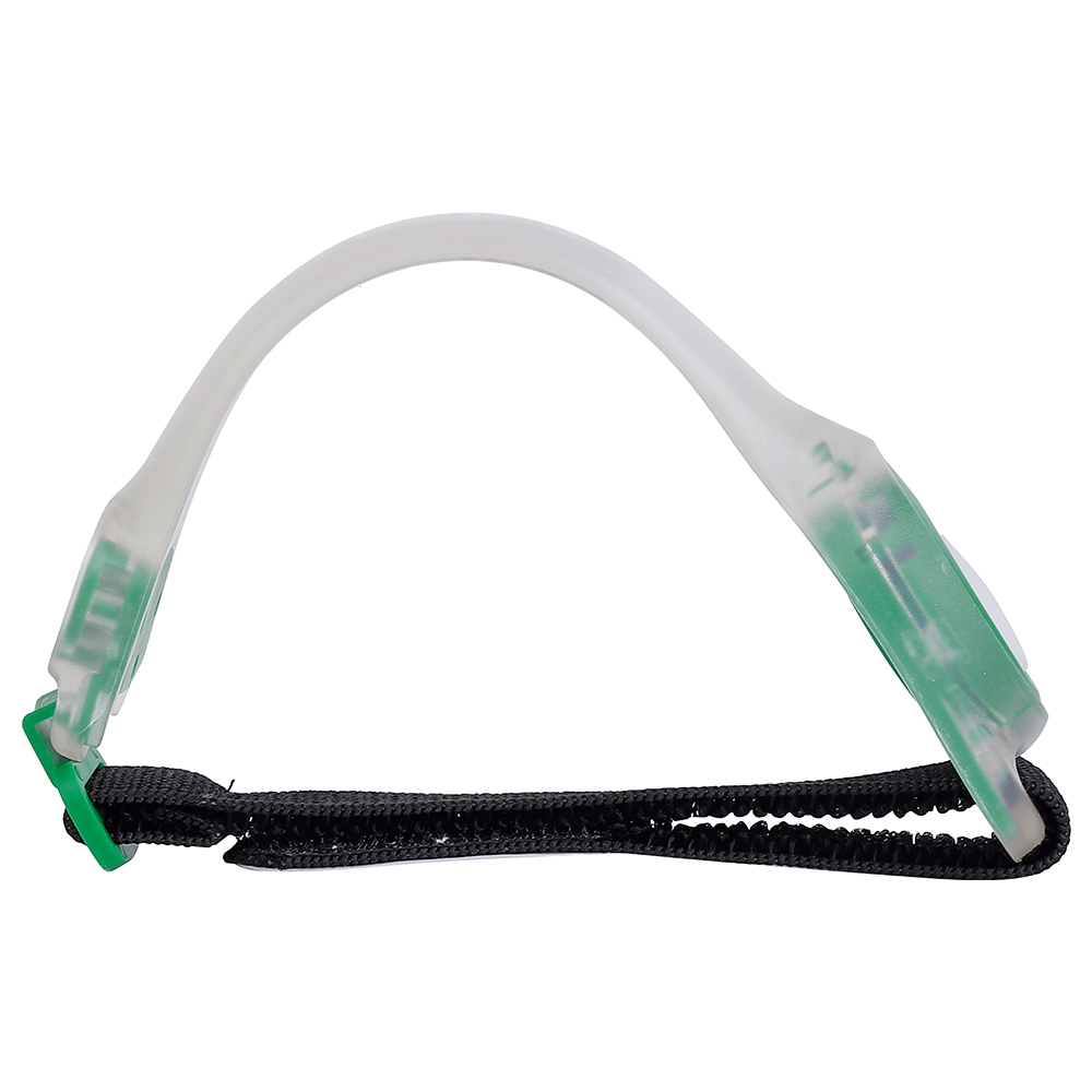 Curved profile of a silicone LED safety armband light with its elastic strap attached.