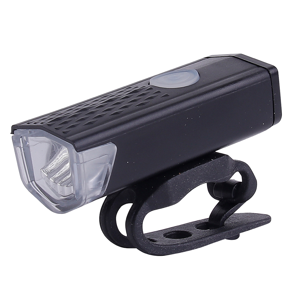Compact black rechargeable LED bicycle front light with integrated silicone mounting strap.