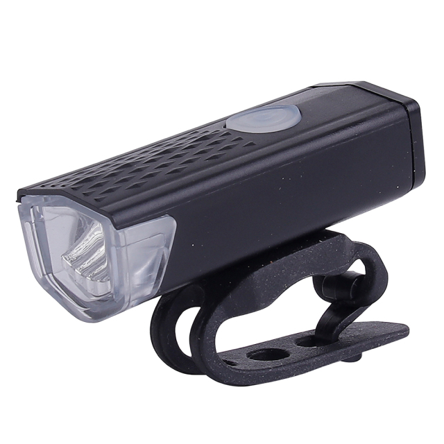 Compact black rechargeable LED bicycle front light with integrated silicone mounting strap.