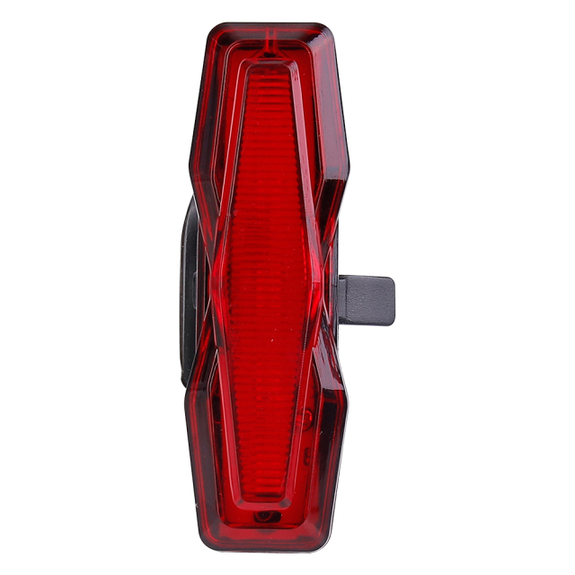 Front view of a geometric red rechargeable LED bike tail light.