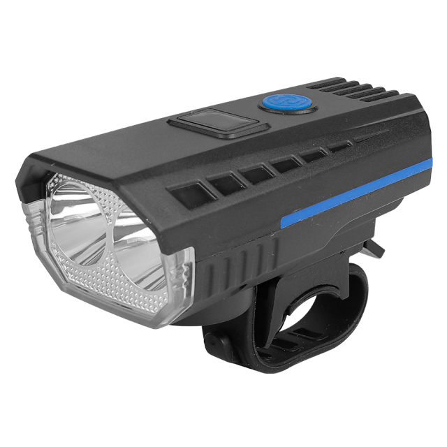 Angled front view of a high-luminance multi-function LED bike light with smart display.