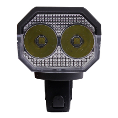 Close-up front view of a bicycle headlight showing two XTE LED lenses.