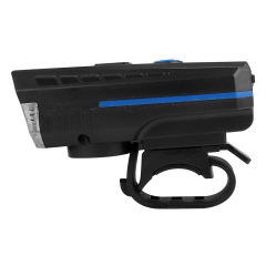 Left side view of a rechargeable bicycle light with its mounting bracket.