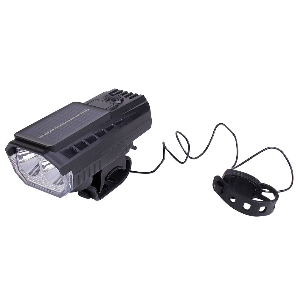 Angled view of a solar-powered LED bike light with an attached electronic horn switch.