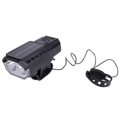 Angled view of a solar-powered LED bike light with an attached electronic horn switch.